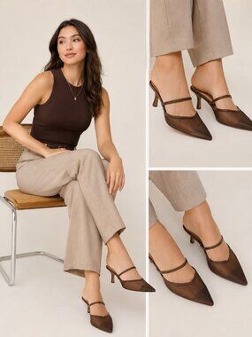 A New Day Pointed Toe Sheer Mesh Kitten heel mules Women Shoes Chocolate Size 11